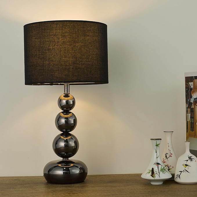 Small Modern Bedside Table Lamp, 7 x 7 x 13 Inch Farmhouse Table Lamps, Black Metal Ball Table Lamp for Living Room Bedrooms and Office (Black Fabric Lampshade)