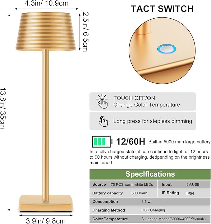 Cordless Table Lamps Rechargeable,Battery 6000mAh LED Portable Lights for Outdoor/Patio/Restaurant/Indoor Desk Lamp - IP54 Waterproof 3 Colors Stepless Dimming (Gold)