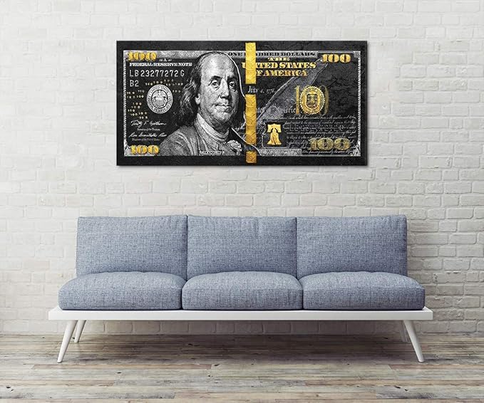100 Money Wall Art Black Gold Dollars Bill Canvas Paintings Posters and Posters Inspirational Wall Pictures for Bathroom Guest Room Game Room Wall Hang Large Size Wooden Framed Art Print-48 Wx24 H