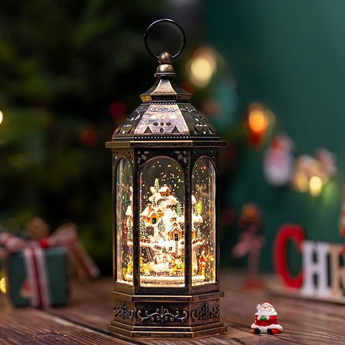 Animated Christmas Village Buildings with Moving Figurines Lighted Water Lantern, USB Lined/Battery Operated Snow Globe for Christmas Festival Decoration Gifts