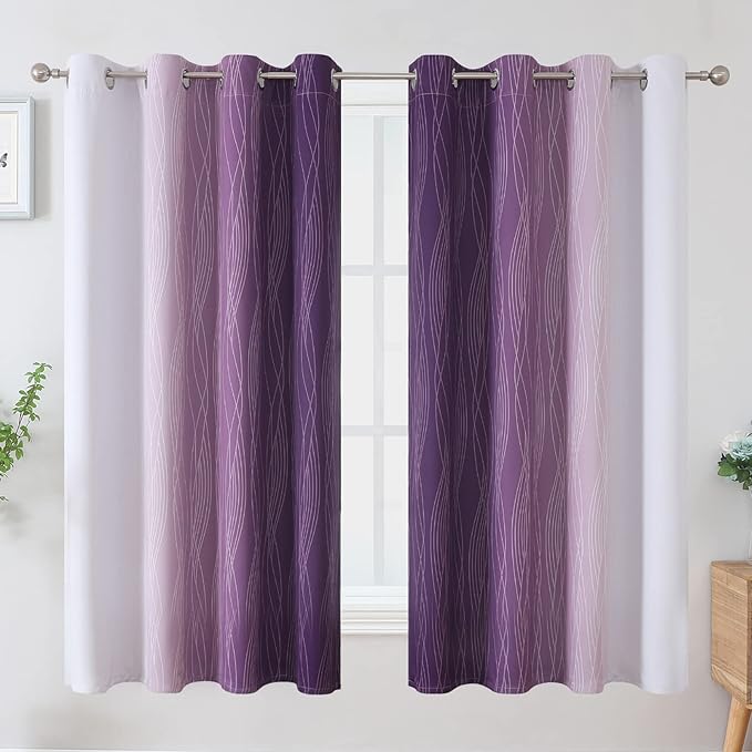 Estelar Textiler Purple and Greyish White Blackout Curtains 63 Inch Length 2 Panels Set, Room Darkening Grommet Ombre Curtains for Bedroom, Thermal Insulated Light Blocking Gradient Drapes,52Wx63L
