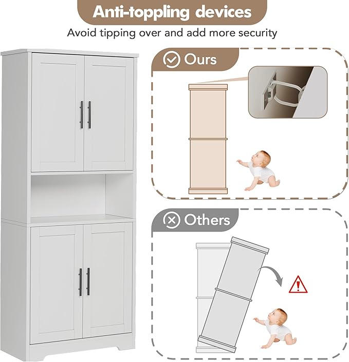 GarveeHome 70 Inch Tall Kitchen Pantry Cabinet, Freestanding Storage Cabinet with 4 Doors and Adjustable Shelves, Utility Hutch Cupboard for Dining Room, Bathroom, Living Room (Style B, White)