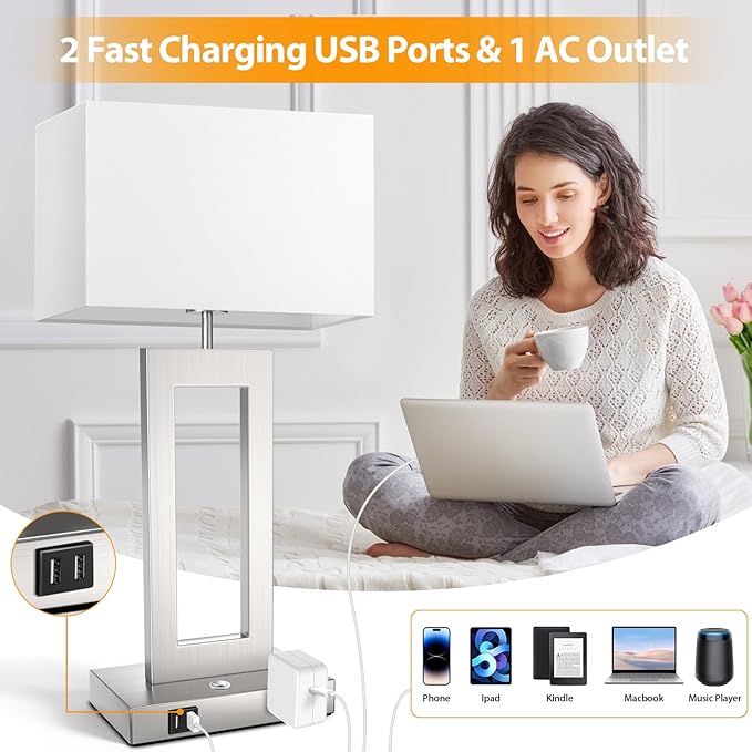22ββ Touch Control Table Lamps Set of 2, 3 Color Temperatures Bedroom Bedside Lamps, Modern Silver Dimmable Lamps with USB Ports & AC Outlet, Tall Living Room Lamps for Nightstand End Table, 2 Bulbs