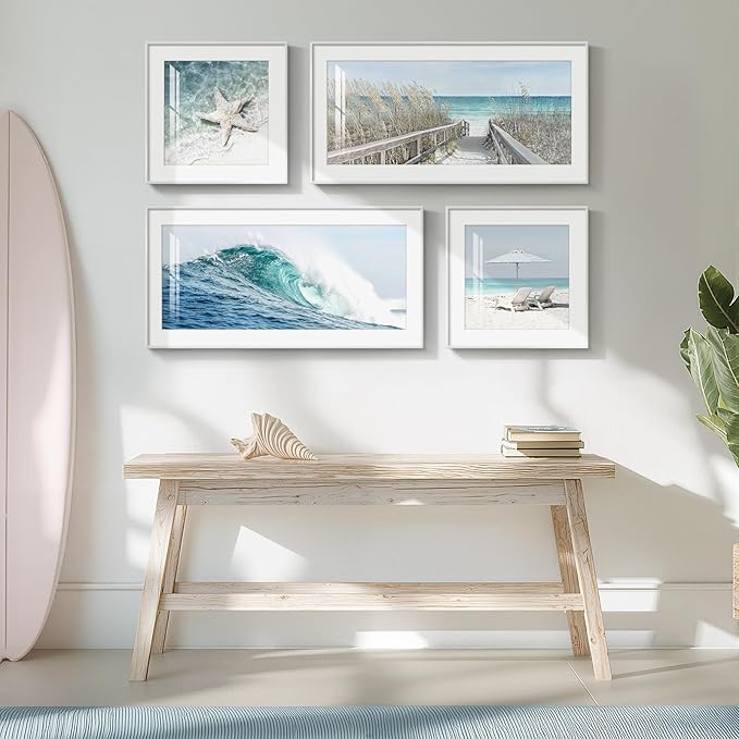 Framed Coastal Wall Art for Living Room, 4 Piece Beach Surf Ocean Artwork for Walls, Large Starfish Reed Seascape Pictures Prints, Beach Coastal Summer Wall Decor for Bedroom Bathroom, Overall 36"x24"