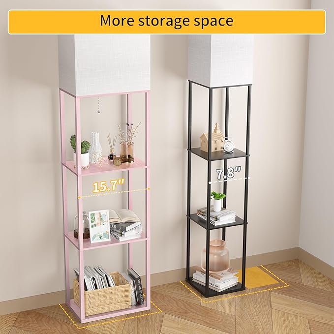 Dott Arts Floor Lamp with Shelves, Wide Floor Lamps for Living Room Display Shelf Lamps with 3 Color LED Bulb,Storage Wood Modern Floor Lamp for Bedroom Standing Lamp for Living Room Office(Pink)