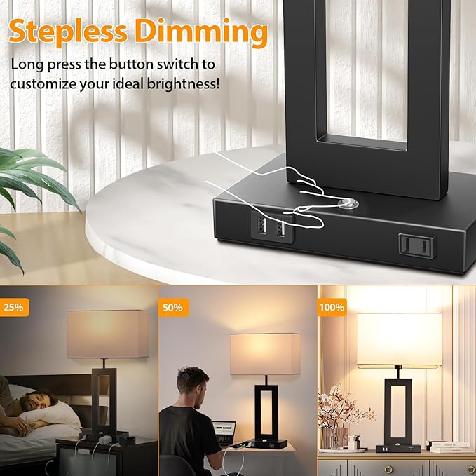 27.2ββ Tall Black Table Lamps for Living Room Bedroom, Bedside Touch Control Lamps with 2 USB Ports&AC Outlet, 3 Way Dimmable&Stepless Dimming Desk Lamp Sets for Home Office, Pre-assembled White Shade