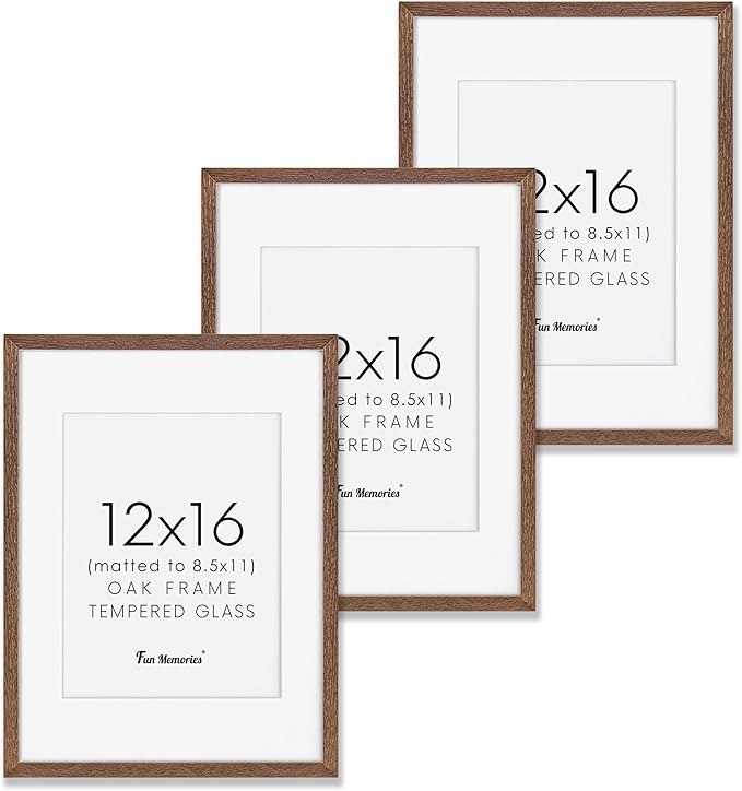 12x16 Picture Frames, Solid Oak Wood 12"x16" Picture Frame - Tempered Real Glass, 12x16 Frame Matted to 8.5x11, 12 x 16 Photo Frames for Wall, Rustic Wall Gallery Frame (Walnut Color, 3 Pack)