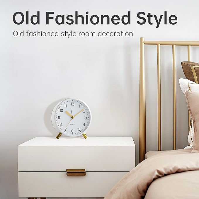 Analog Alarm Clock, 4 inch Super Silent Non Ticking Small Clock with Night Light, Battery Operated, Simple Design, easy setting for Office, Bedroom, Bedside, Desk, teens, elders, kids, adult, White