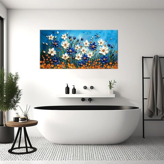 ZESTFLICKR Daisy Canvas Wall Art Daisies Flower Oil Painting Print Modern Floral Canvas Painting Artwork Nature Painting for Living Room Bedroom Home Office Kitchen Decoration (23x46 inches)