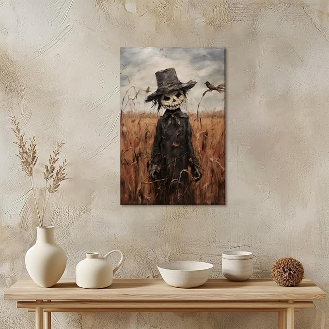 Vintage Fall Wall Art Cute Scarecrow in Field Posters Scarecrow Pictures Canvas Prints Autumn Cornfield Cottage Core Halloween Room Decor 16x24inch Framed