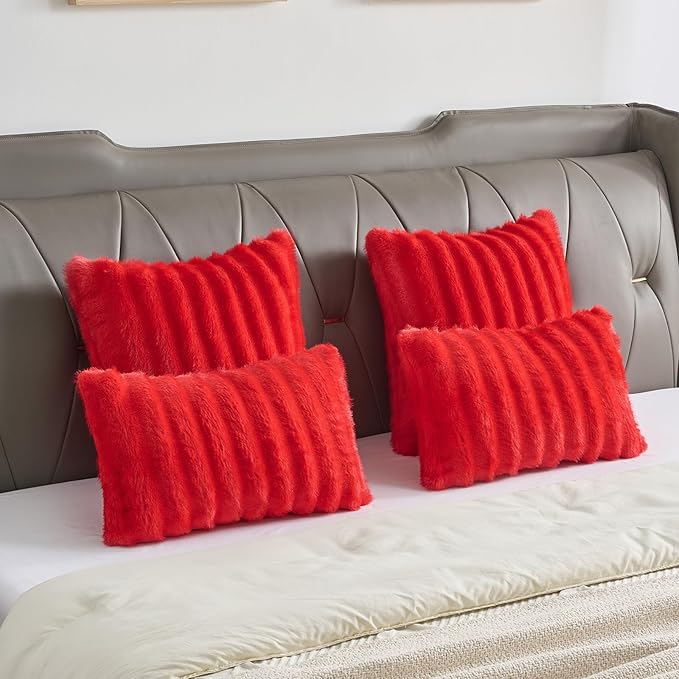 FUTEI Red Decorative Throw Pillow Covers 22x22 Inch Set of 2,Soft Fluffy Faux Mink Fur Dyeing Striped Textured Cushion Case,Modern Home Decor for Couch Bed Living Room