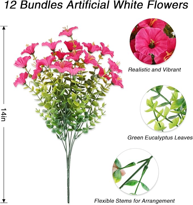 12PCS Artificial Flowers for Outdoor Decorations, Realistic Faux Silk Petunia Flowers for Outside, Fake Plants Morning Glory with Eucalyptus Porch Patio Planters Window Boxes Decor(Rosy red)