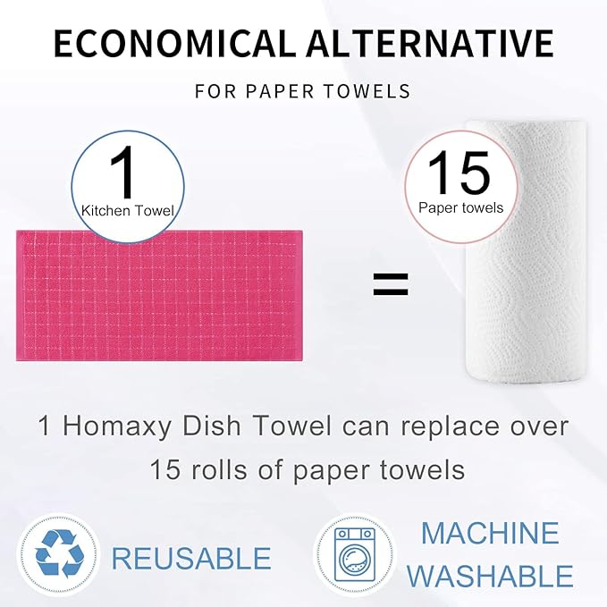 Homaxy 100% Cotton Terry Kitchen Towels(Rose Red, 13 x 28 inches), Checkered Designed, Soft and Super Absorbent Dish Towels, 6 Pack