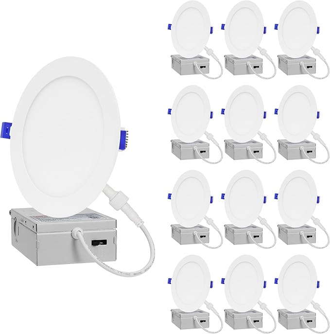 12-Pack of 6-Inch Slim LED Recessed Lights with Junction Box, Adjustable Color Temperatures (2700K-5000K), 12W Equivalent to 110W, Dimmable, 1050LM Brightness - ETL and Energy Star Certified