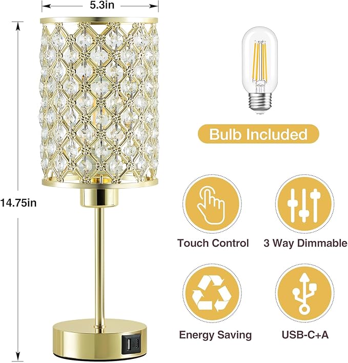 Crystal Table Lamp, Gold Touch Lamp for Nightstand with USB C+A Ports, 3 Way Dimmable Lamp with Crystal Shade, Bedside Lamp Small Lamp for Bedroom, Living Room(Buld Included)