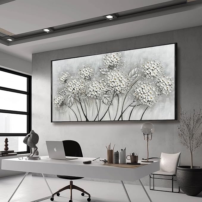 Kureful Large Artwork Flowers Oil Painting Modern Home Decorations Floral Canvas Pictures for Living Room Bedroom Kitchen Office 29" x 58" (White)