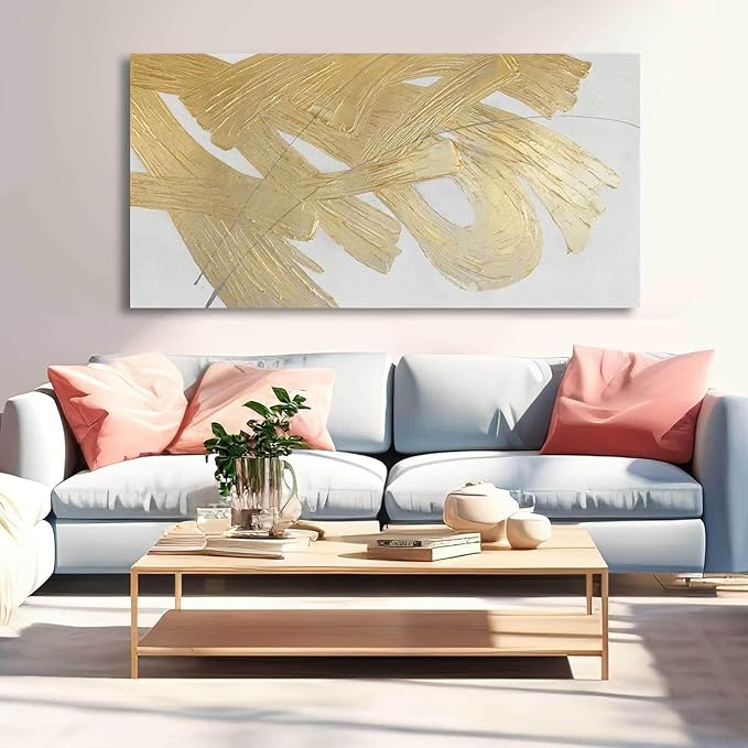 Gold Abstract Wall Art White and Gold Modern Framed Painting Texture Artwork for Living Room Office Dining Room Pictures 24x48 Inch Hand Painted