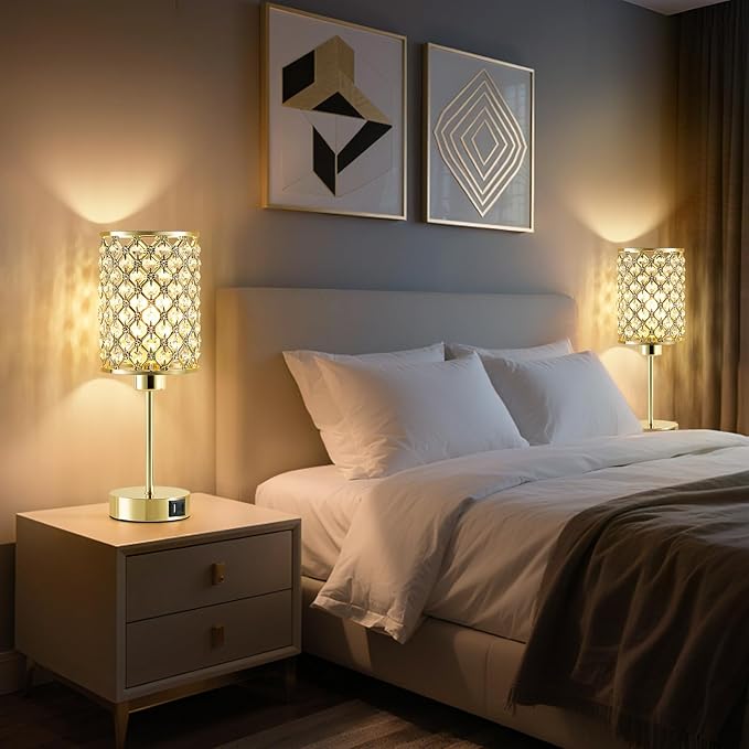 Crystal Table Lamps Set of 2, Gold Touch Lamp for Nightstand with USB C+A Ports, 3 Way Dimmable Small Bedside Lamp with Crystal Shade, End Table Desk Lamps for Bedroom, Living Room(Buld Included)