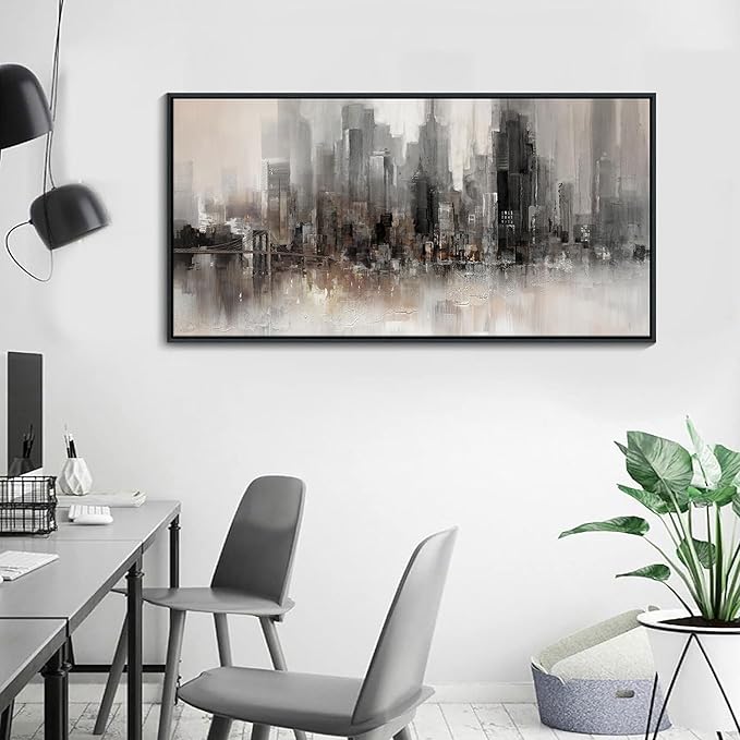 Nyc Skyline Painting Wall Art Grey Buildings Picture for Living Room Modern Home Bedroom Decoration Black and White and Brown Framed Artwork Decor