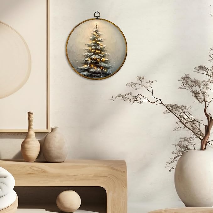 CUANFDDSF Vintage Christmas Tree Round Wall Art Decor, Rustic Cottagecore Forest Winter Xmas Tree Wall Hanging Frame Decor, Farmhouse Christmas Canvas Prints Decorations for Home Bedroom, 10x10 Inch