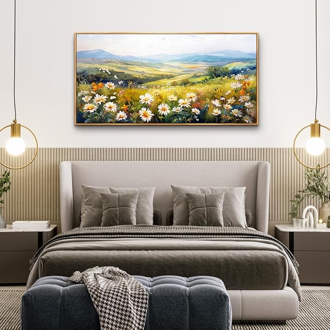 ZUITINGHUA Large Wood Framed Wall Decor For Living Room Canvas Wall Art For Office Modern Wall Decorations For Bedroom Pastoral Scenery Painting Flower Pictures Artwork Room Home Decor 24x48 In