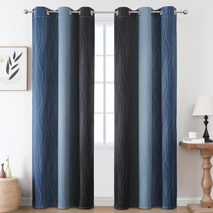 Estelar Textiler Navy Blue and Black Ombre Blackout Curtains 84 Inch Length 2 Panels Set, Full Room Darkening Grommet Curtains for Bedroom, Thermal Insulated Light Blocking Gradient Drapes, 42Wx84L