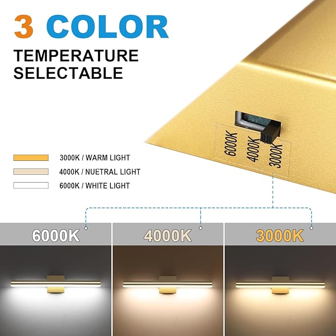 SineRise LED Modern Bathroom Vanity Light Fixtures (24-Inch, 3000K/4000K/6000K, Dimmable), Gold Modern Acrylic Bathroom Wall Lighting Fixtures Over Mirror