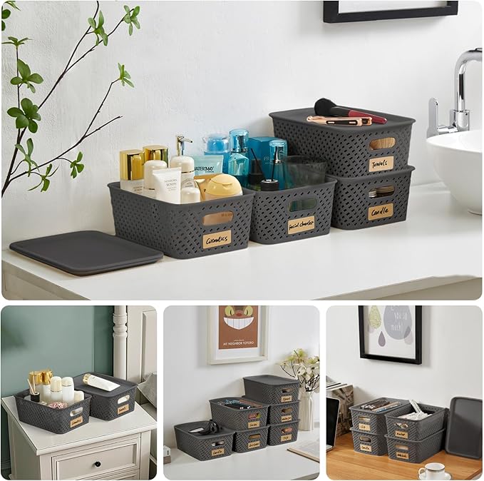 Small Plastic Twill Woven Storage Baskets with Lids, Stackable Organizing Containers with Labels for Pantry Closet Office, 6-Pack,10.35"x7.3"x4.09", Gray
