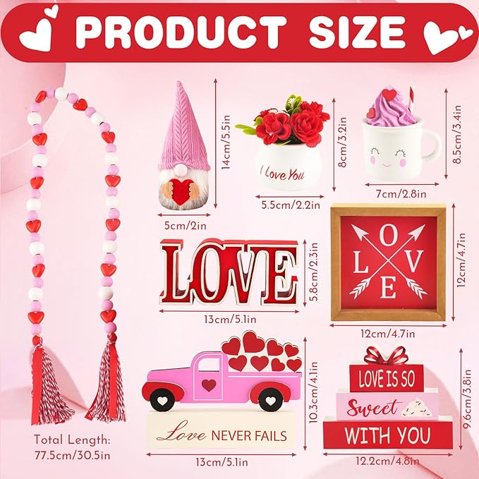 8 Pieces Valentine's Day Tiered Tray Decor, Valentine Home Table Tray Shelf Decor Gifts, Tray Objects Decoration Bundle Plush Gnome Ceramic Wood Sings Bead Garland Love Plaques Decorative Set