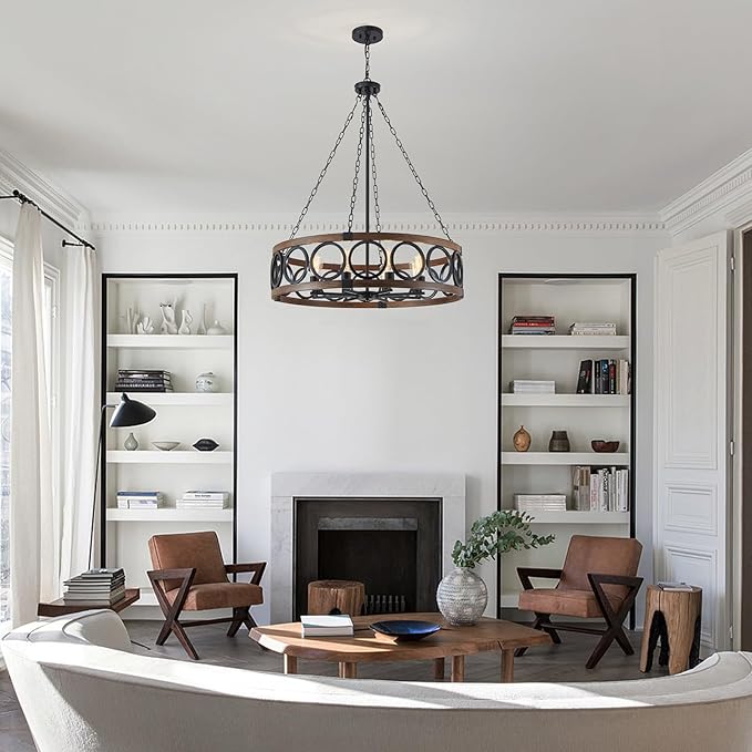 XINGQI 8 Lights Modern Farmhouse Chandelier Black 32.3" Large Drum Light Fixture Rustic Pendant Lighting for Living Room Dining Room Kitchen Island Bar Office, Round Metal Shade Wood Grain Finish