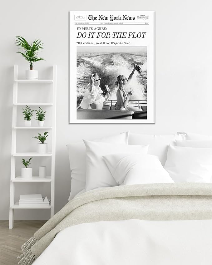 Trendy Newspaper Style Wall Art 12x16 Vintage Do It For The Plot Canvas Prints Decor Waterproof Fade-Resistant Black and White Wall Art for Apartment Bathroom Funny Retro Wall Decor for Bedroom