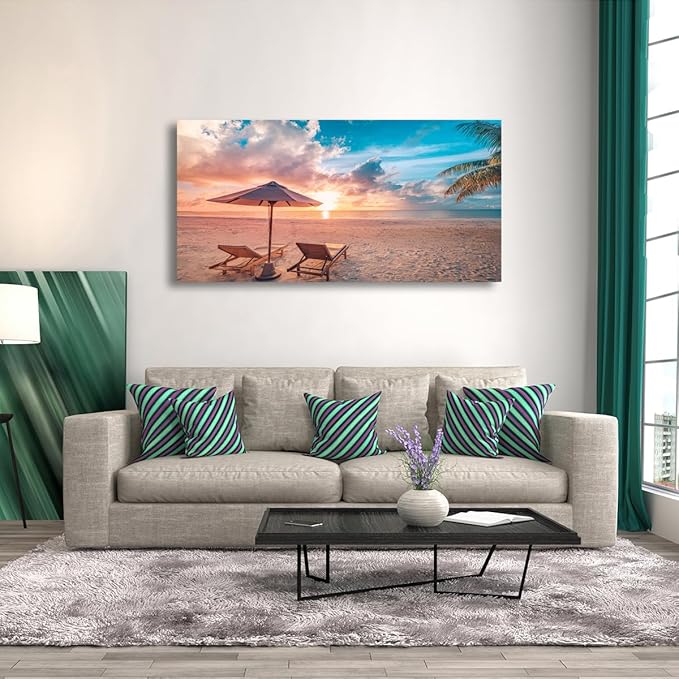Beach Pictures Canvas Wall Art for Living room Bedroom Wall Decor,Sunset and Beautiful Clouds Wall Art Print Paitnings for home Decor,Morden Artwork Sunumbrellas and loungers Canvas Art