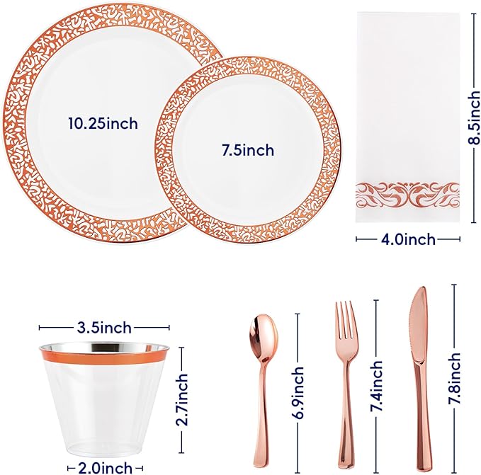 ๐ฎ๐ญ๐ฌ Count Rose Gold Plastic Dinnerware Disposable Plates 30 Dinner & 30 Dessert Plates & 30 Cups & 30 Rose Gold Paper Napkins & 30 Plastic Silverware Set