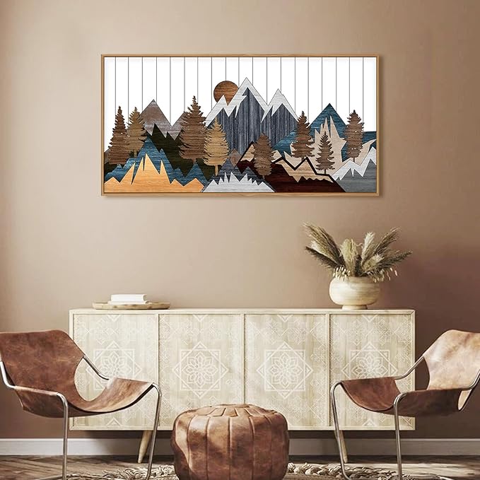 CHDITB Framed Wood Mountain Wall Art, 20"x40" Large Country Woodcut Style Wall Decor, Rustic Forest Nature Wall Painting, Modern Canvas Art Prints for Living Room, Bedroom, Farmhouse, Office