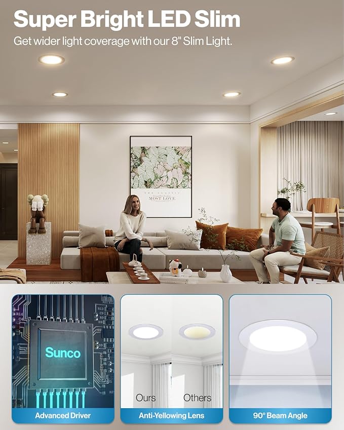 Sunco 6 Pack 8 Inch Ultra Thin LED Recessed Canless Smooth Trim Wafer Thin Indoor Ceiling Lights Slim Selectable 2700K/3000K/4000K/5000K/6000K Dimmable 18W 1350 Lumens with Junction Box