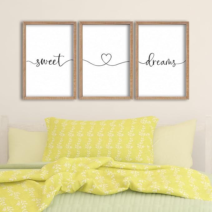 SRSZHIYUE Bedroom Above Bed Wall Decor Minimalist Sweet Dreams Sign Set of 3 16''×11'' Small Romantic Modern Farmhouse Hanging Master Bedroom Guest Room Wall Hanging Decoration(Wood)