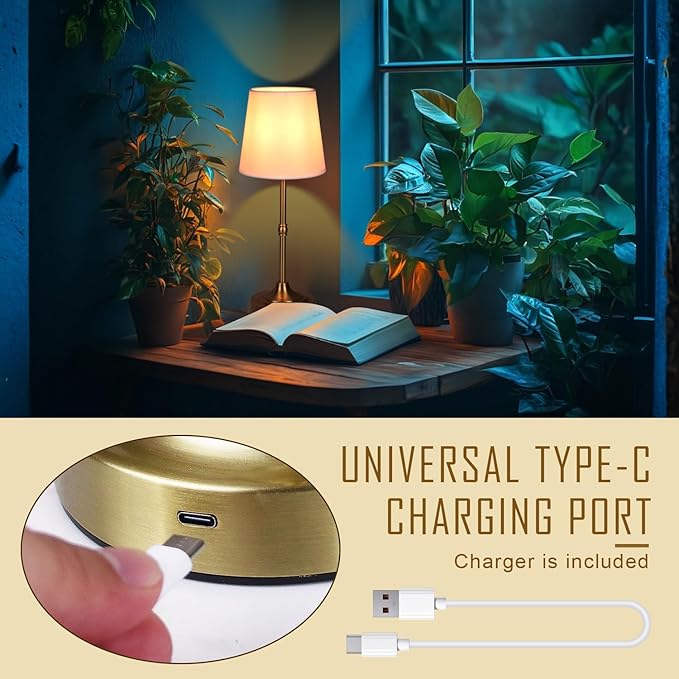 Rechargeable Battery Powered Table Lamp, Wireless LED Lamps, Cordless Touch Lamps, Stepless Dimmable Bedside Lamps, Night Lamp for Bedroom, Dinning Room, Kitchen Decor, Office (Bronze)