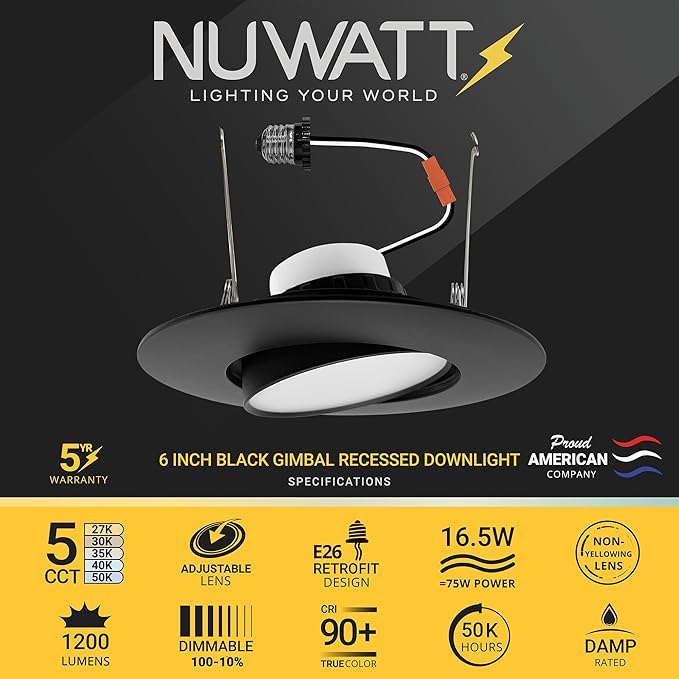 NUWATT 6 Inch Recessed Gimbal Downlight, Dimmable, 16.5 Watts, 1200 Lumens, 120V, 5CCT: 27K/30K/35K/40K/50K, CRI >90, ETL Listed, Black Finish