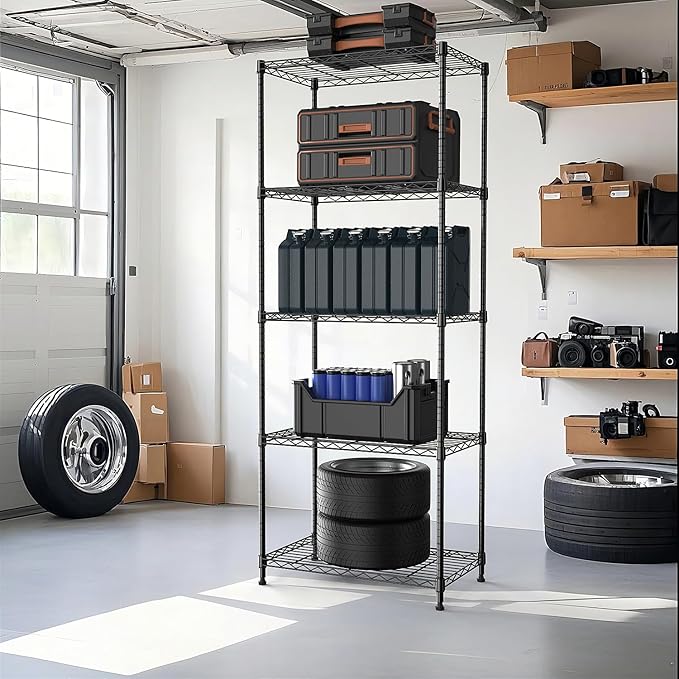 1250 lbs 5 Tier Shelf Metal Storage Shelves Wire Rack Closet Organizers with Wheel for Garage Kitchen Bathroom Laundry Black 13.7" D x 23.6" W x 62.4" H