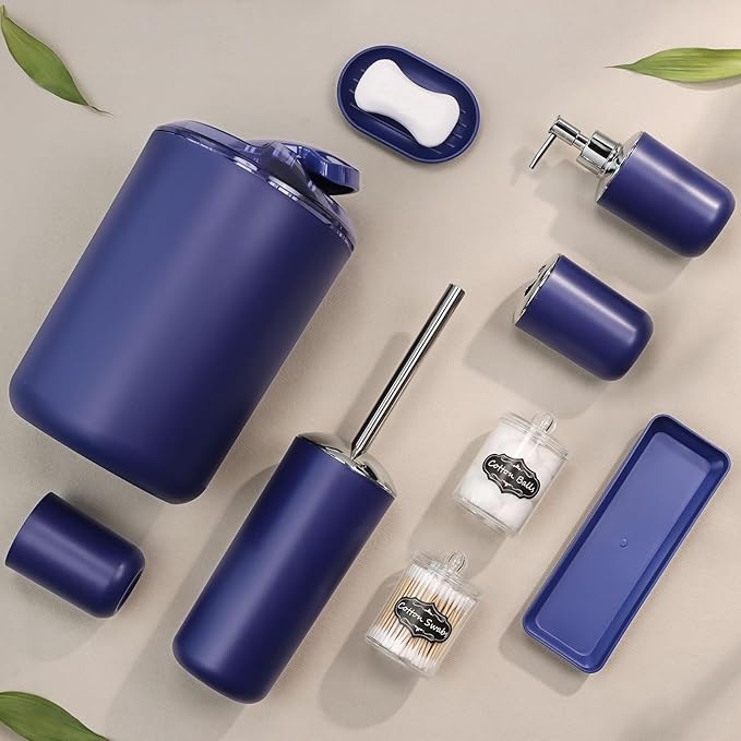 IMAVO Bathroom Accessories Set,Blue Bathroom Set,9 Pieces Bathroom Accessory Set,Tray,Qtip Holders,Toilet Brush,Trash Can for Bathroom Décor and Home Gifts