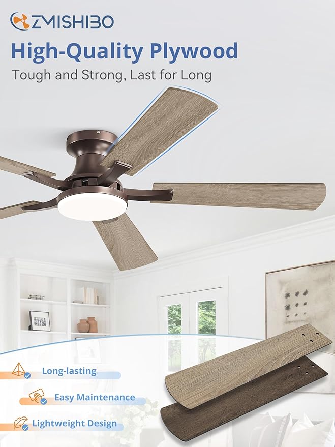 ZMISHIBO 52 Inch Ceiling Fan with Light, App&Remote Control, Flush Mount Low Profile, Dimmable 20W LED Light, Quiet Reversible Motor for Bedroom, Living Room, Apartment, Brown