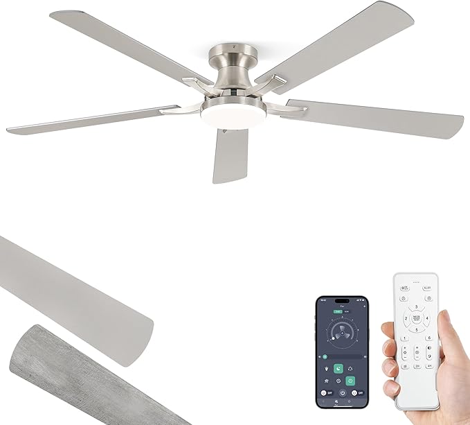 ZMISHIBO 60 Inch Ceiling Fan with Light, App&Remote Control, Flush Mount Low Profile, Dimmable 20W LED Light, Quiet Reversible Motor for Bedroom, Living Room, Apartment, Nickel