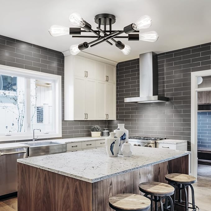 Sputnik Chandeliers, Modern Semi Flush Mount Ceiling Light with E26 Base, Mid Century Industrial Kitchen Farmhouse Light Fixtures for Bedroom Living Room (Black, Ceiling 6 Lights)