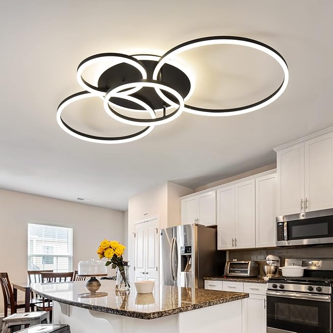 Modern LED Ceiling Light 90W Dimmable Ceiling Light Fixture with Remote Control 5 Rings Flush Mount Ceiling Light Black Acrylic Chandelier LED for Living Room Bedroom Kitchen Light fixtures(4+1B01)