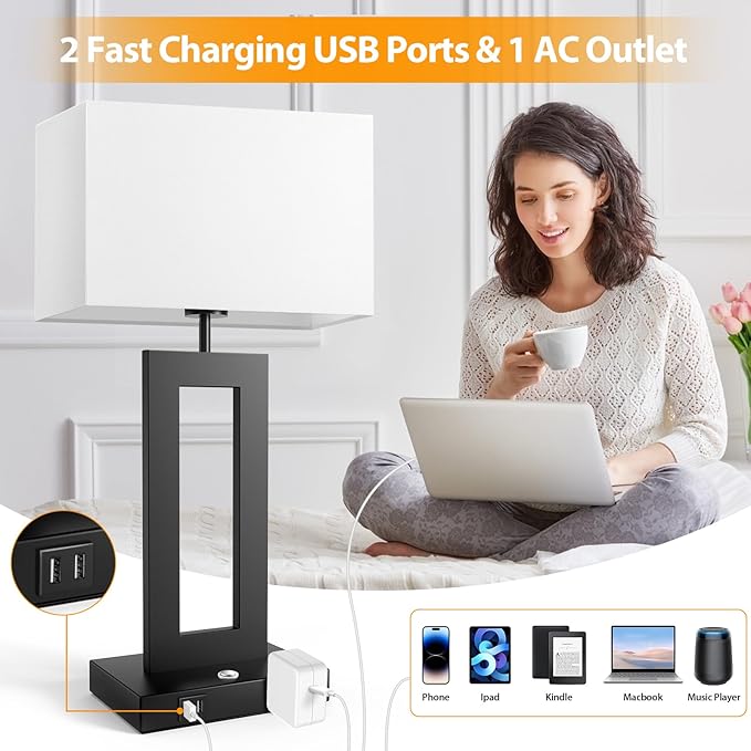 3 Color Temperatures Table Lamps for Bedrooms Set of 2, 22ββ Touch Control Bedside Nightstand Lamps with 2 USB Ports & AC Outlet, Stepless Dimmable Lamps with White Shade, Modern Decor for Living Room