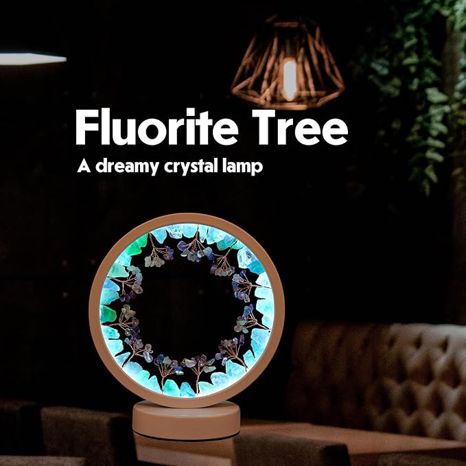 Runyangshi Natural Crystal Green Fluorite Small Tree Round White Frame Tri-Color Ambient Light Home Decoration Night Light Mother's Day Gift