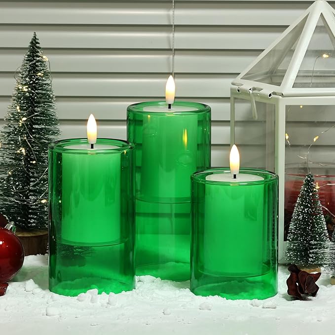 NURADA Flameless Candles with Remote Timer - Glass Holder Real Wax 3D Wick LED Pillar Votive Candle Set Battery Operated Flickering Light for St Patricks Day Home Decor-Green 3 Pack