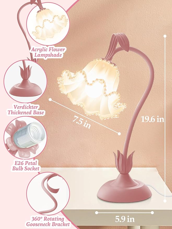Flower Table Lamp Bedside Lamps LED Reading Light,3 Color Modes Cute Small Lamp,Vintage Flower Lamp Kawaii Table Lamp for Bedroom Living Room Office Dorm Desk Home Decor (Pearl Pink lamp)