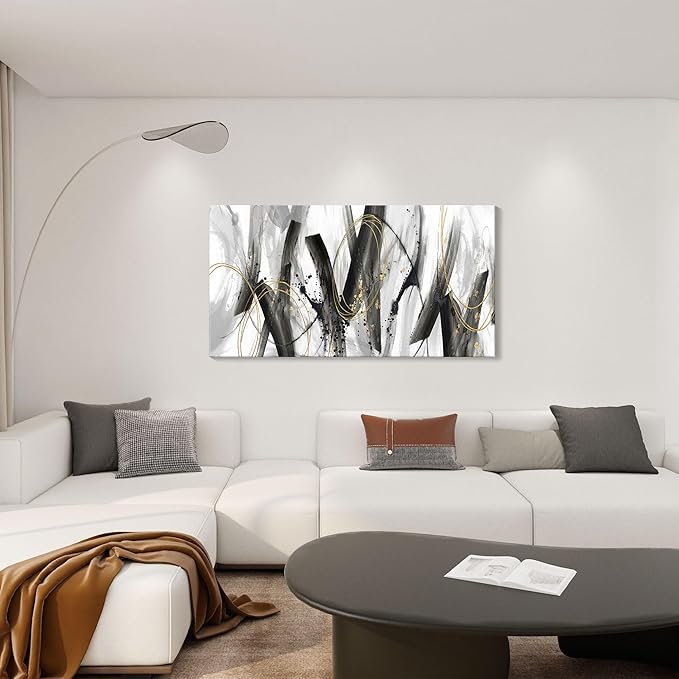 AJAZIKO Black and Gold Modern Wall Art - Large Abstract Wall Art Decor for Living Room, Bedroom, Office - Elegant Black and White Painting for Stylish Home Decor
