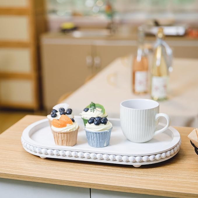 HPC Decor 15in Oval Wooden Tray - White Beaded Serving Tray, Rustic Farmhouse Vintage Centerpiece, Kitchen & Living Room Decor